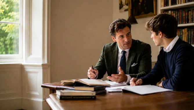 Student preparing for an Oxbridge interview in a classic study with notes and books.