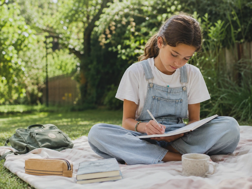 Child sitting on a picnic blanket in the garden, writing in a journal with books and a backpack nearby.