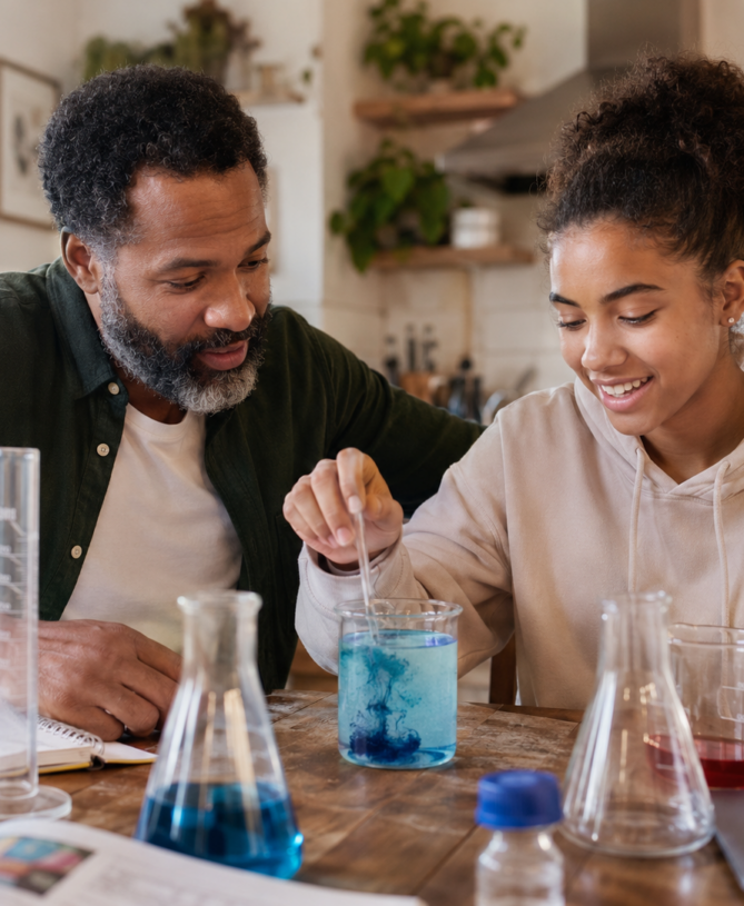 Father and teenage daughter doing a science experiment at home with lab equipment and a laptop, supported by Secondary Homeschooling Tutors.