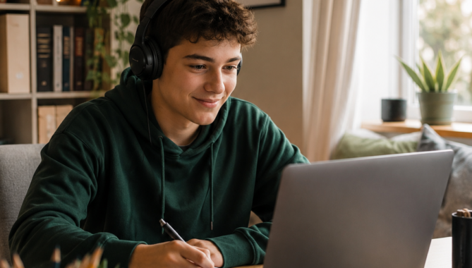 Secondary student using a laptop at home with support from SEND Homeschooling Tutors.