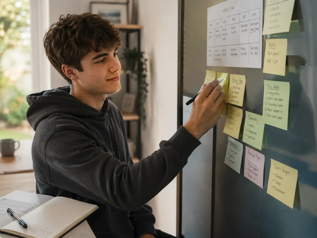 A-Level student using sticky notes to organize a weekly study plan at home.