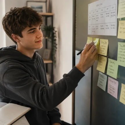 A-Level student using sticky notes to organize a weekly study plan at home.