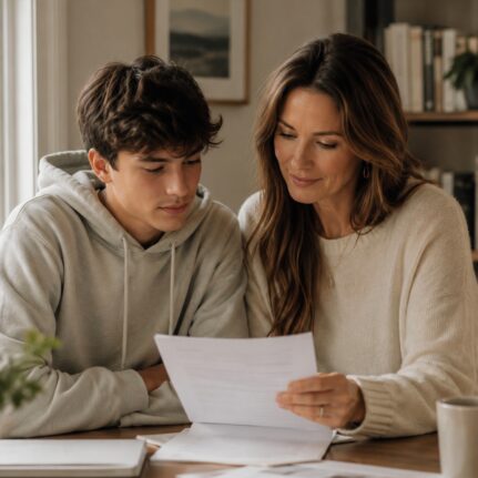 Teacher helping a teenage student choose study options for IGCSE Homeschooling in a relaxed indoor setting.