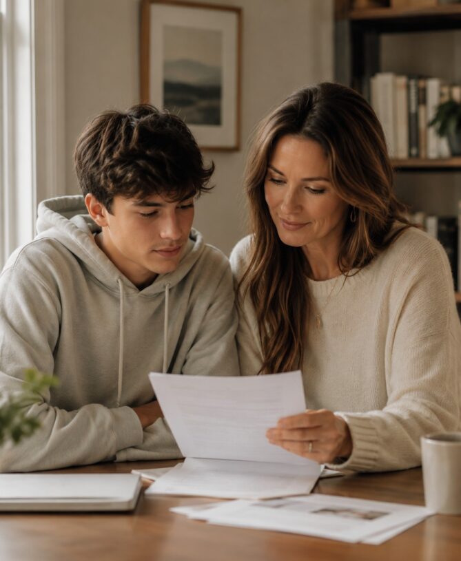 Teacher helping a teenage student choose study options for IGCSE Homeschooling in a relaxed indoor setting.