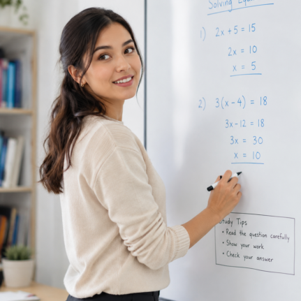 Teacher explaining math on a whiteboard for IGCSE Homeschooling support in a bright tutoring space