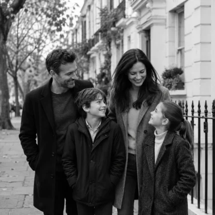 Happy family with two children walking together on a London street in black and white.