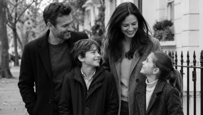 Happy family with two children walking together on a London street in black and white.