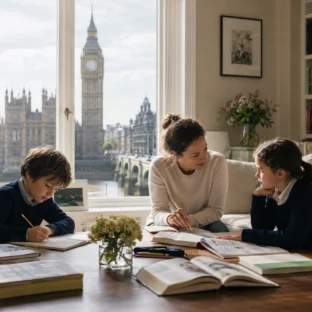 Homeschooling tutor supporting two children in a London home with Big Ben visible through the window.