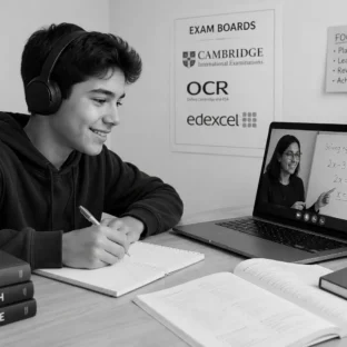 Student wearing headphones during an online GCSE tutoring session with books, notes, and a laptop.