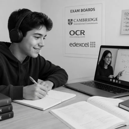 Student wearing headphones during an online GCSE tutoring session with books, notes, and a laptop.