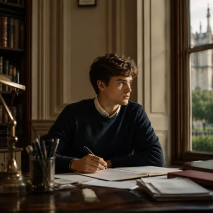 Student preparing for an Oxbridge interview in a classic study with notes and books.