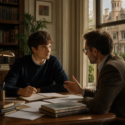 Oxbridge tutor helping a student practise interview answers in a classic study setting.