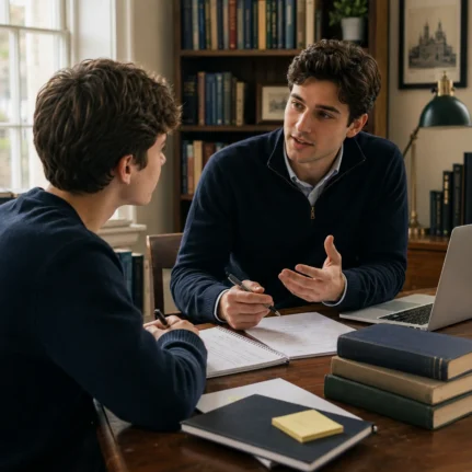 Oxbridge tutor guiding a student through interview preparation in a classic study setting.