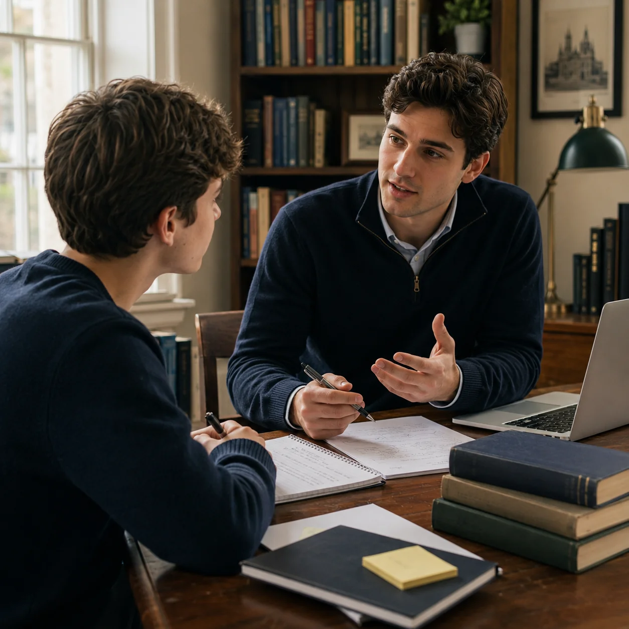 Oxbridge tutor guiding a student through interview preparation in a classic study setting.