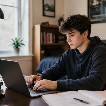 Older student using a laptop at home for online learning with Secondary Homeschooling Tutors.