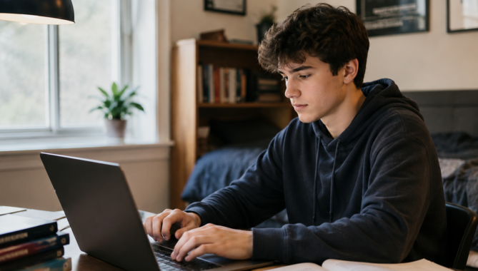 Older student using a laptop at home for online learning with Secondary Homeschooling Tutors.