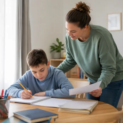 Parent supporting a SEND student with schoolwork in a calm home learning environment.