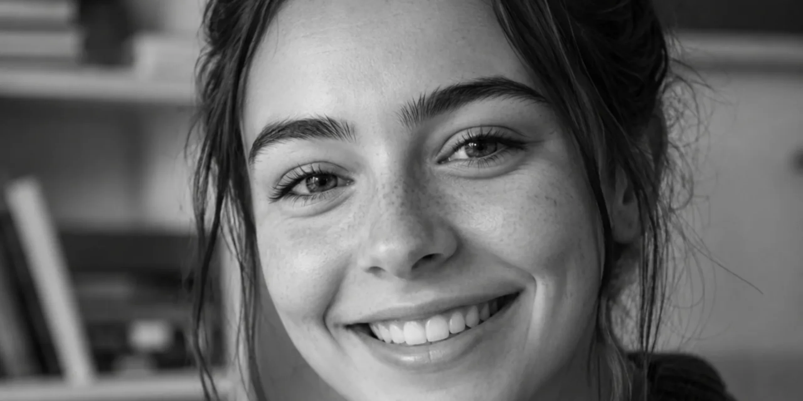 Smiling student close-up in a black-and-white academic setting.
