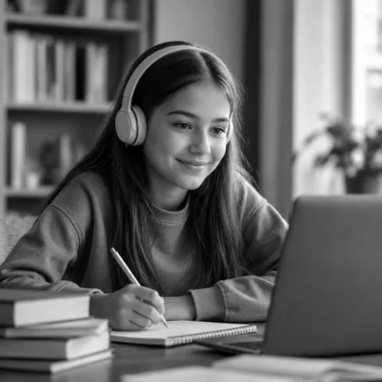 Student wearing headphones during an online private tuition session with a laptop.