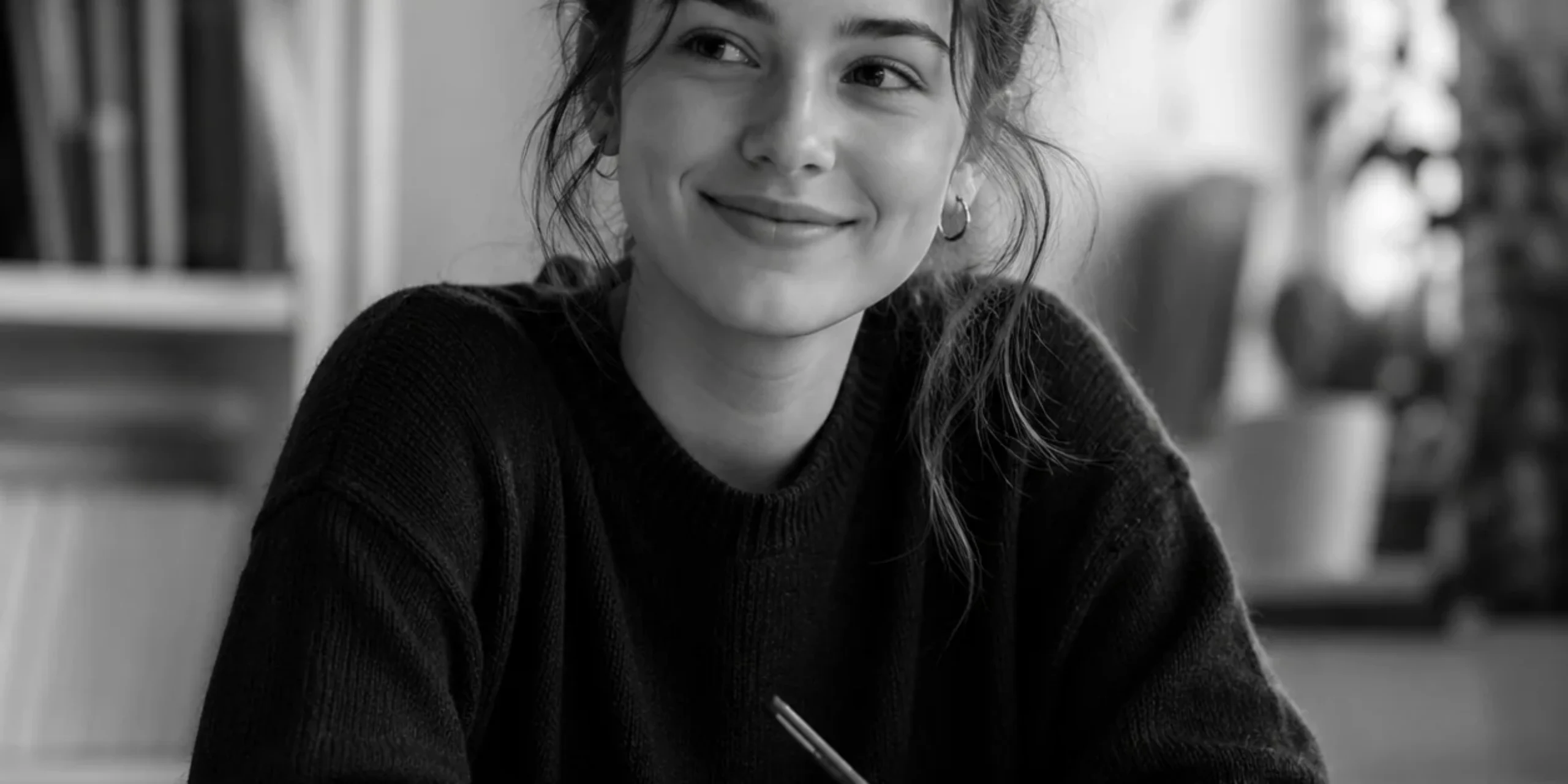 Smiling student studying at a desk in a black-and-white academic setting