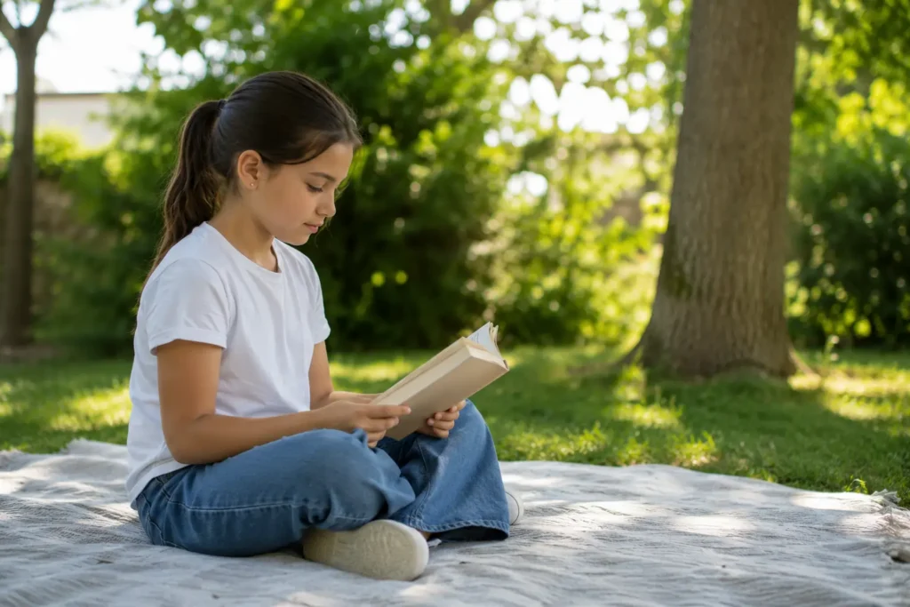 A student reading quietly on a picnic blanket outside, building focus and confidence for 11 plus English comprehension.