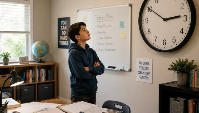 A student standing in a study room and looking up at a large wall clock, reflecting the question How Long Does It Take To Prepare For The 11 Plus?