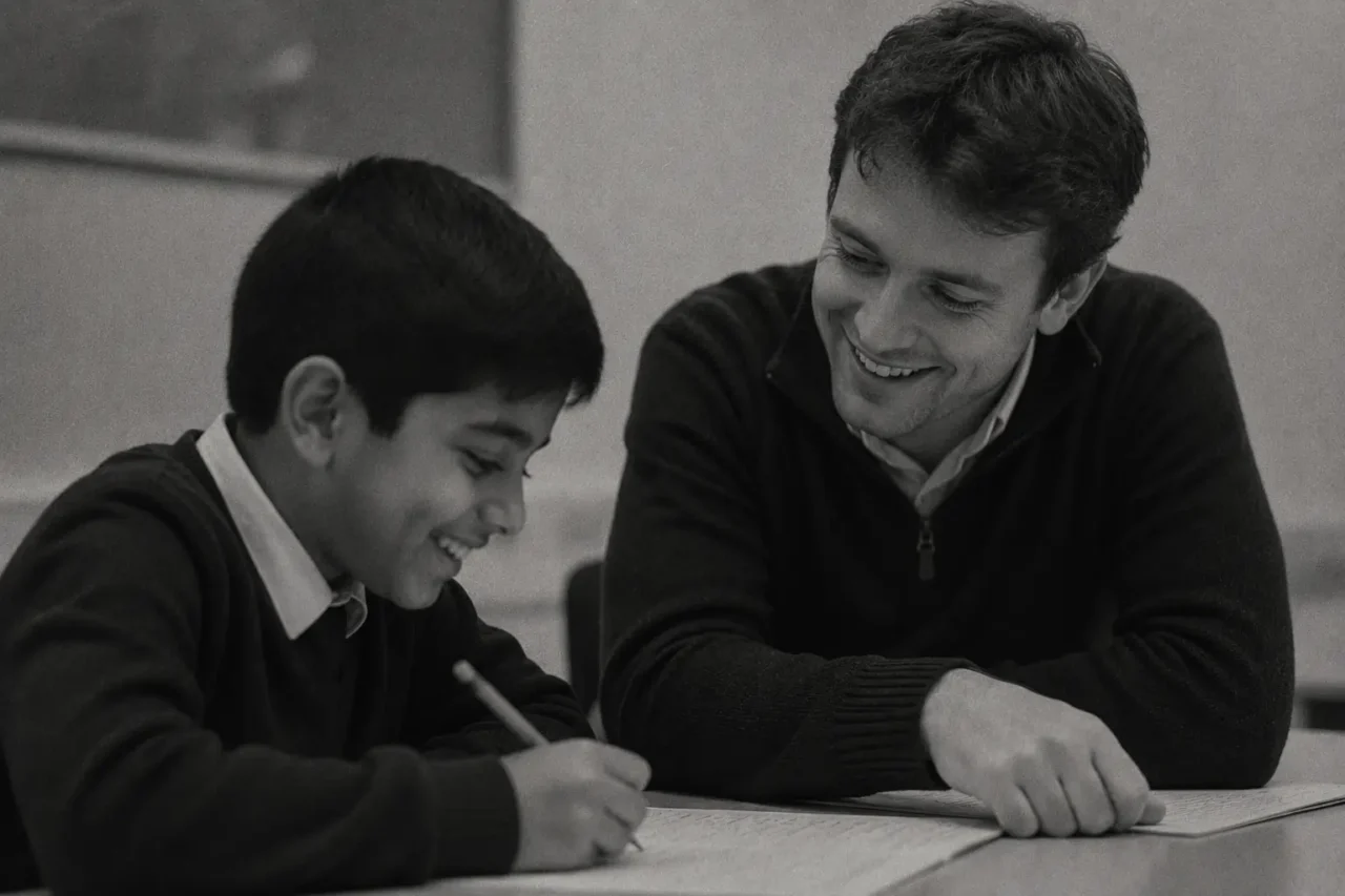 Student receiving supportive 11 Plus tutoring from a friendly tutor.