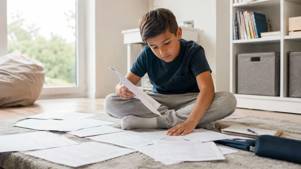 Child sitting on the floor surrounded by 11 plus past papers while studying at home.