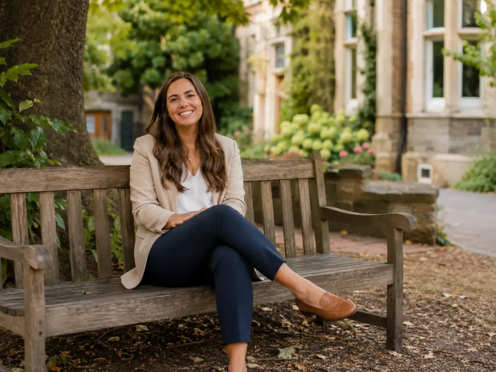 A smiling tutor sitting on a wooden bench outdoors, showing the calm confidence and professionalism behind The Difference Between Average And Elite 11 Plus Tuition.