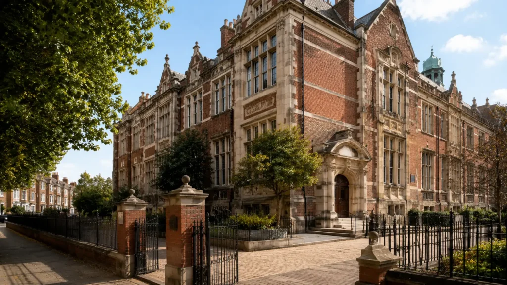 Historic grammar school building in London with grand brick architecture and gated entrance, representing the best grammar schools in London.