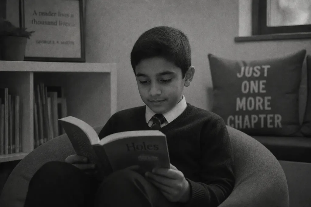Student reading quietly in a lounge to build 11 Plus English skills.