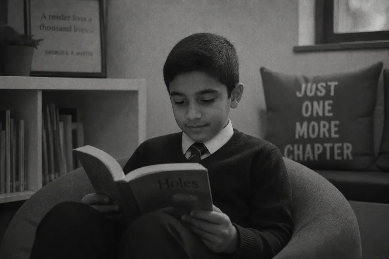Student reading quietly in a lounge to build 11 Plus English skills.