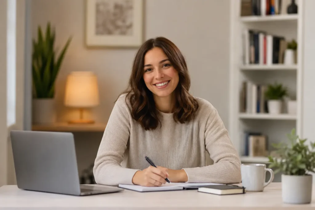 A happy and confident tutor smiling at a desk, representing a calm and professional approach to 11 plus tutoring.