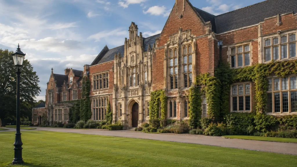 Historic British school building with traditional brick architecture, large windows, ivy-covered walls, and formal lawns, representing Grammar School Vs Private School.
