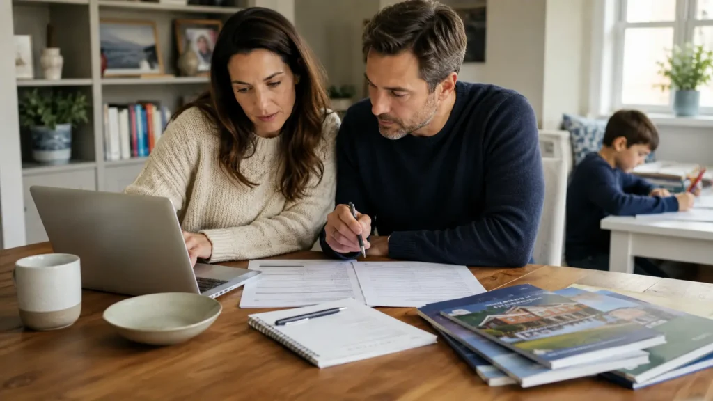 Parents reviewing school application forms and researching options at home for the 11 Plus, illustrating How Many Schools Should We Apply to for the 11 Plus.