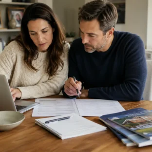 Parents reviewing school application forms and researching options at home for the 11 Plus, illustrating How Many Schools Should We Apply to for the 11 Plus.