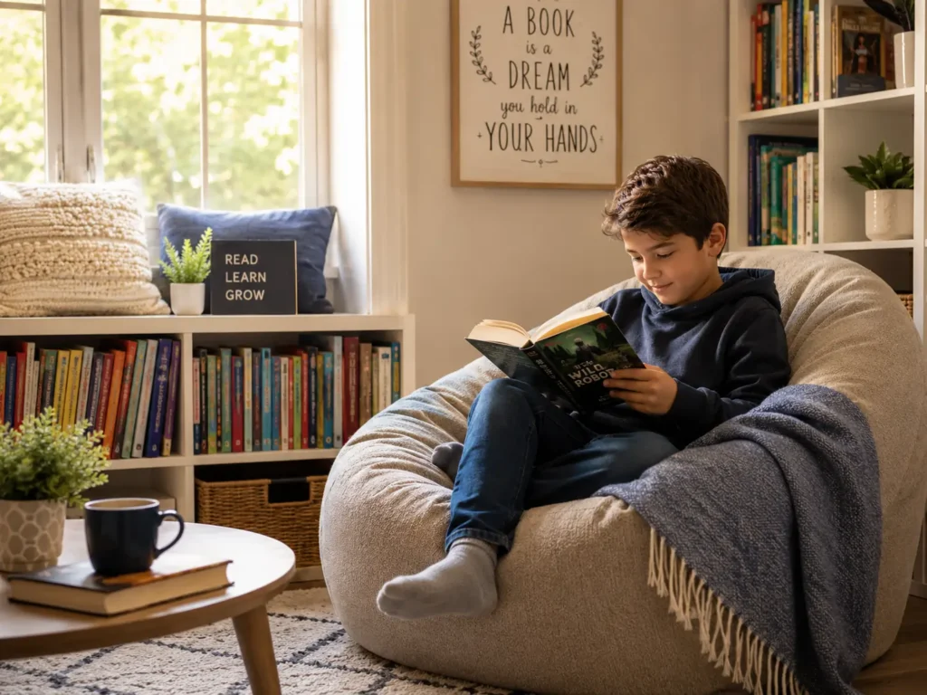 A child reading quietly in a cosy reading nook, supporting the topic How To Improve 11 Plus English Comprehension.