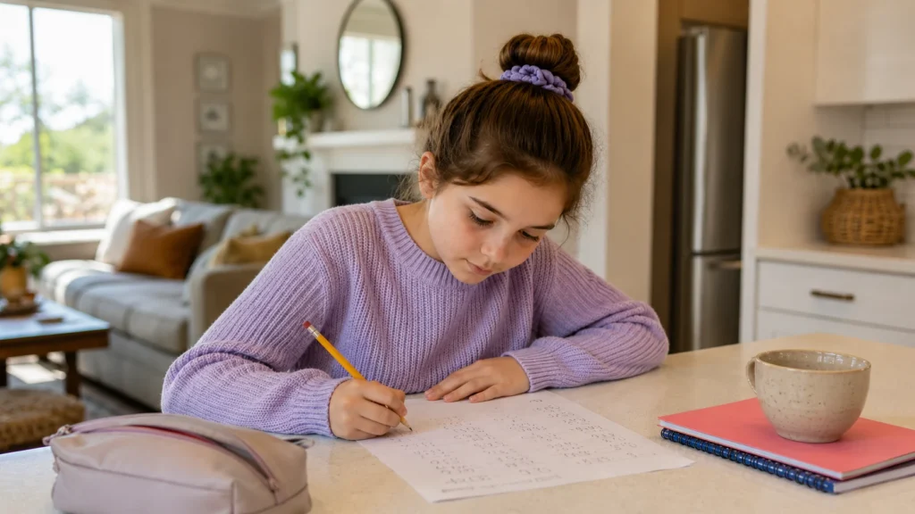 Student studying maths at home at a kitchen island with numbers written on a worksheet.