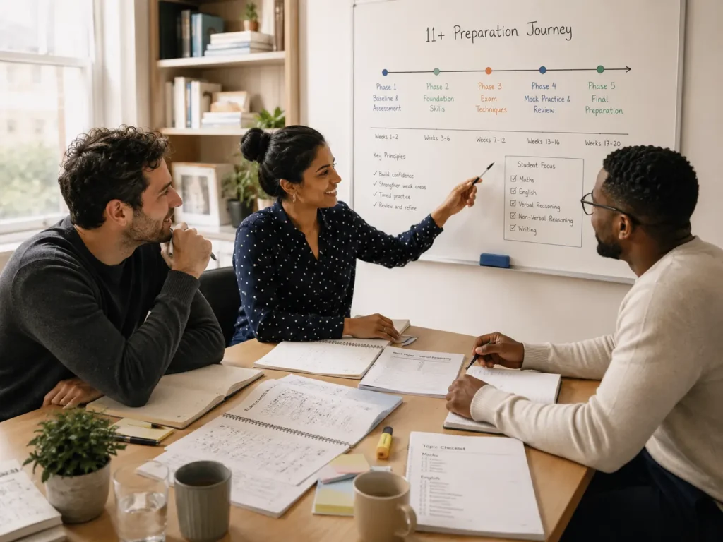Three experienced tutors planning a student pathway on a whiteboard, showing a structured approach to 11 plus tutoring.