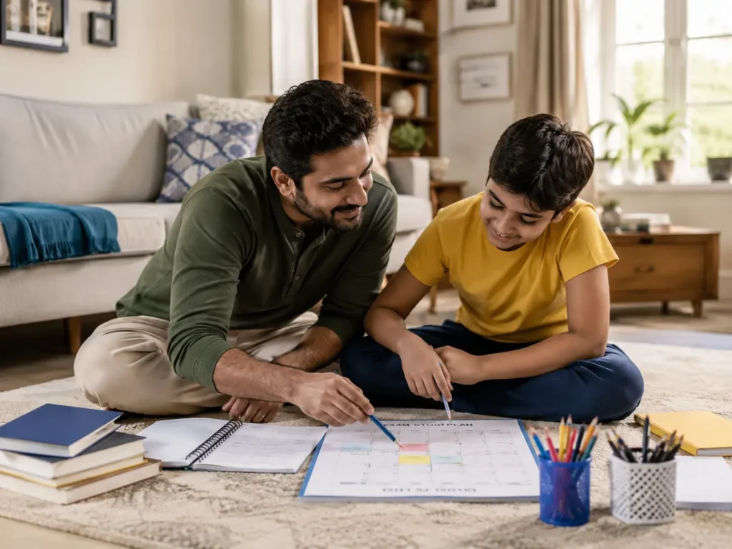A father and child sitting on the lounge floor together, planning a study schedule and preparing for the 11 plus with books, notes, and coloured pens.