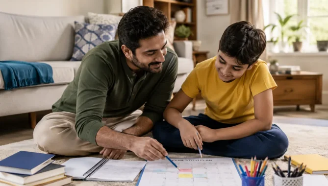 A father and child sitting on the lounge floor together, planning a study schedule and preparing for the 11 plus with books, notes, and coloured pens.