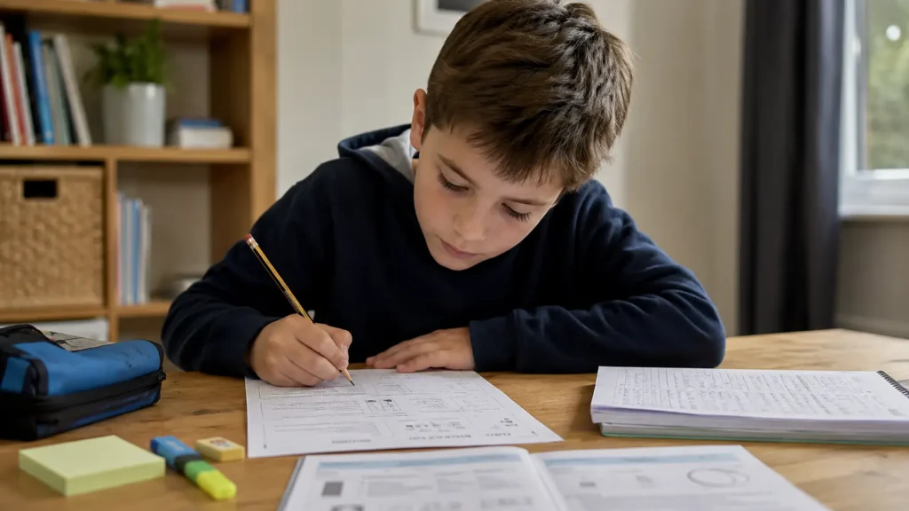 Student practising verbal reasoning for the 11 Plus at a desk with worksheets, pencils and study notes.