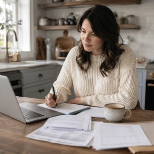 Mother assessing her child’s chance for 11 Plus and independent school exams while reviewing papers at home.