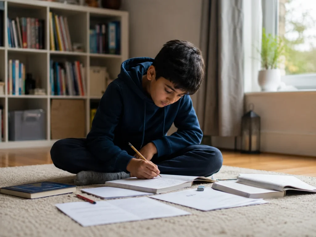 Can You Prepare for the 11 Plus Without a Tutor? Child studying independently on the floor with books and practice papers.