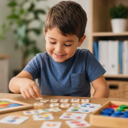 Young child learning through educational games during a playful primary tuition session.