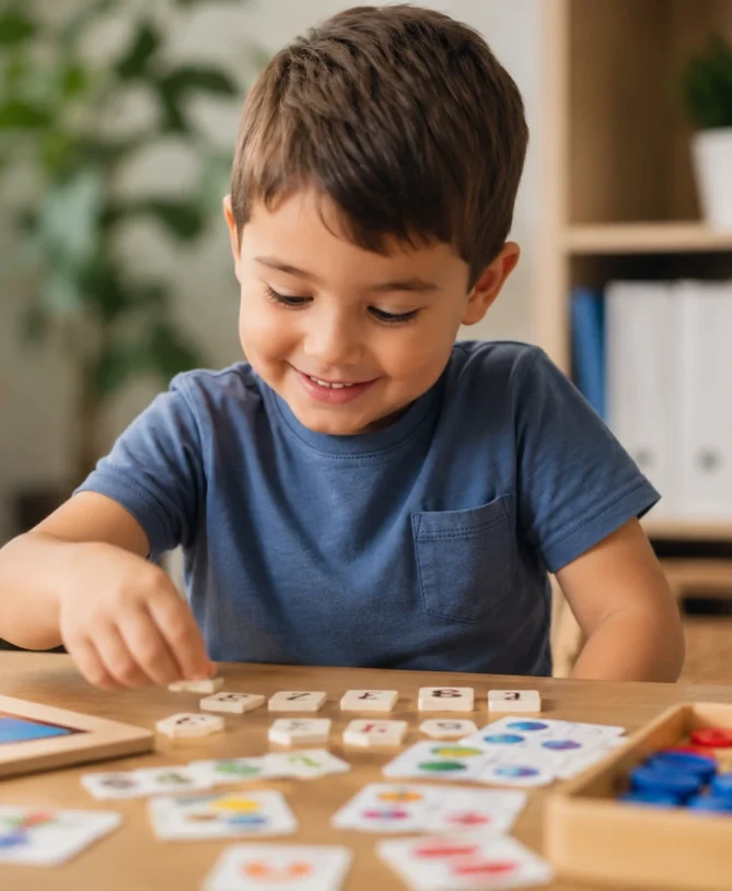 Young child learning through educational games during a playful primary tuition session.