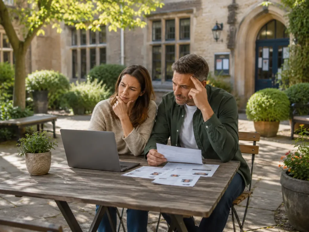 Parents sitting in a courtyard looking puzzled while reviewing tutor options, illustrating How to choose a good 11 Plus tutor.