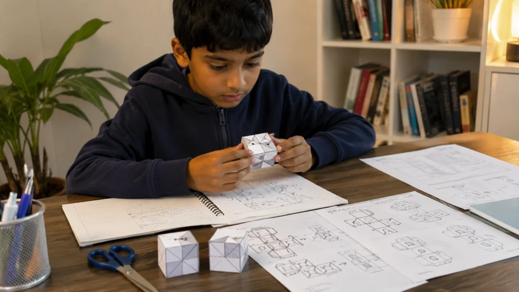 Student practicing cube folding questions for 11 Plus non-verbal reasoning