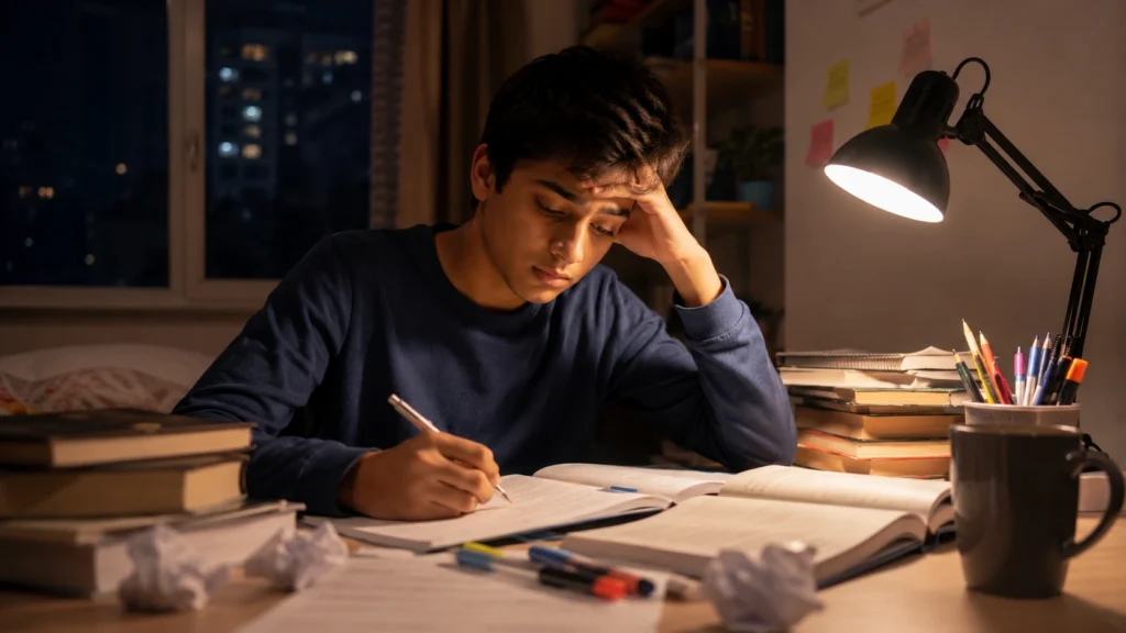 Student studying late at night for 11 Plus preparation