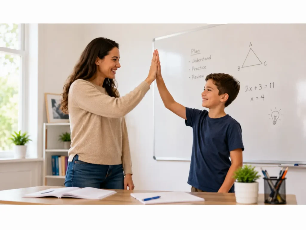 A tutor and student standing by a whiteboard and sharing a high five, representing the progress and confidence that come from Choosing a good 11 Plus tutor.